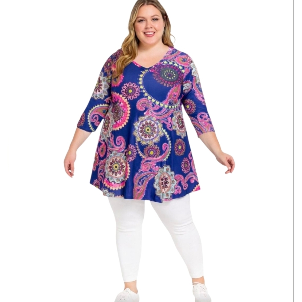 Lildy Vibrant Paisley Floral Print Dress, V-neck, 3/4 sleeves, L/XL